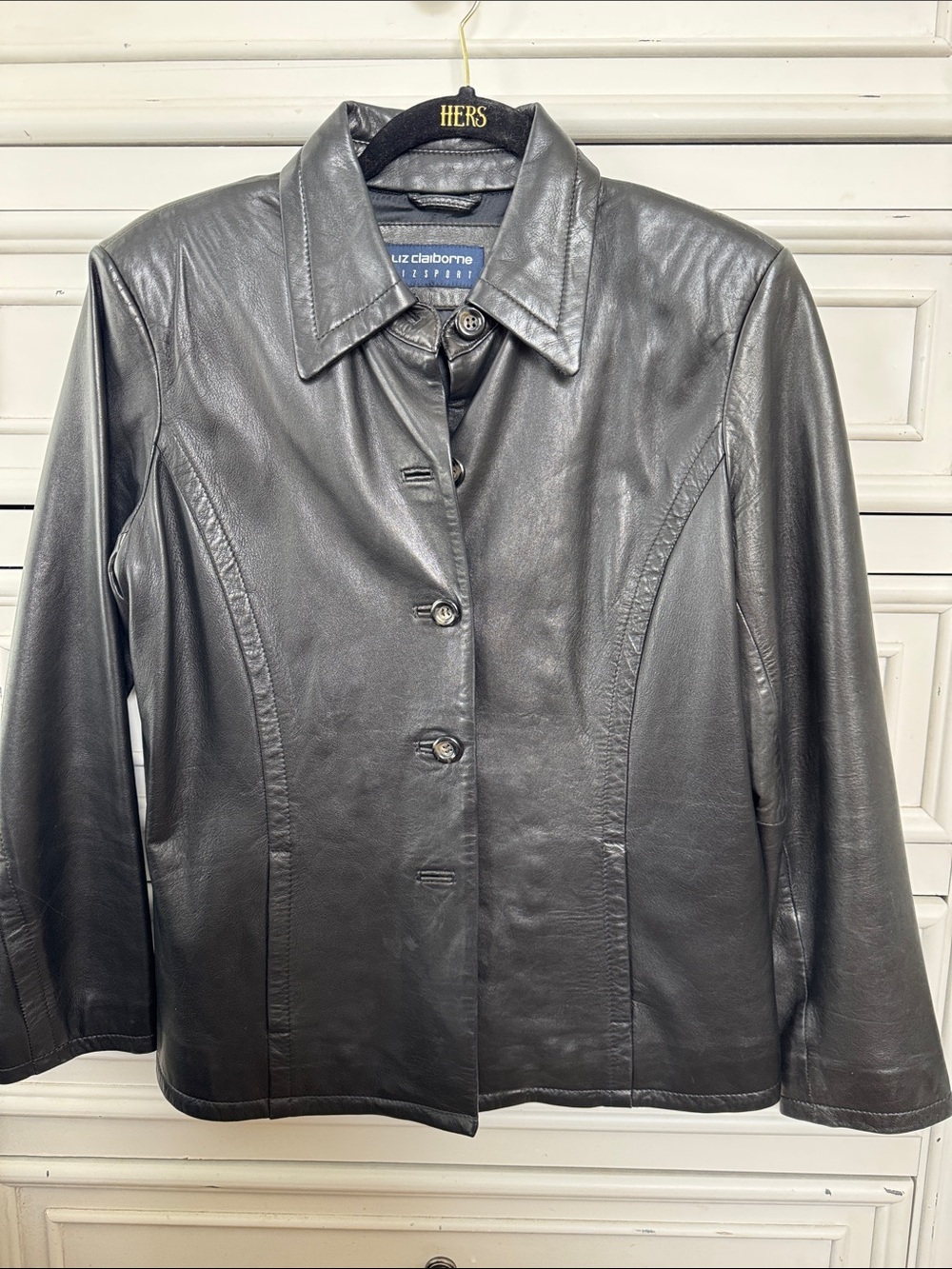 Liz Claiborne Black Leather Button-Front Jacket with Classic Collar